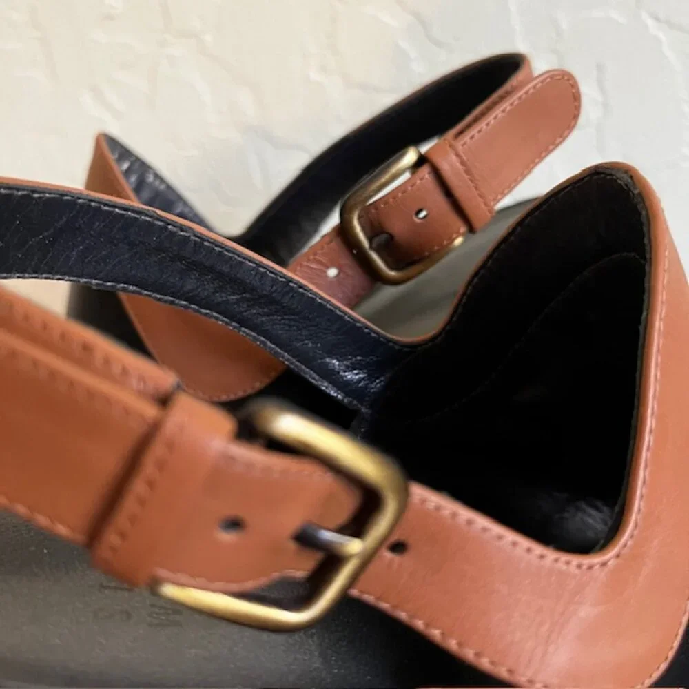 Stuart Weitzman Black and Tan Leather Wedge Sandals